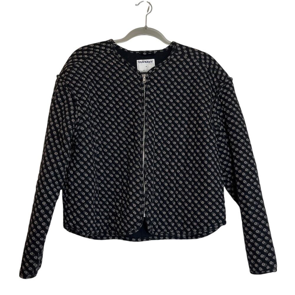 Old Navy Womens Quilted Bomber Jacket Size M Black Tan Pockets Cottagecore Boho